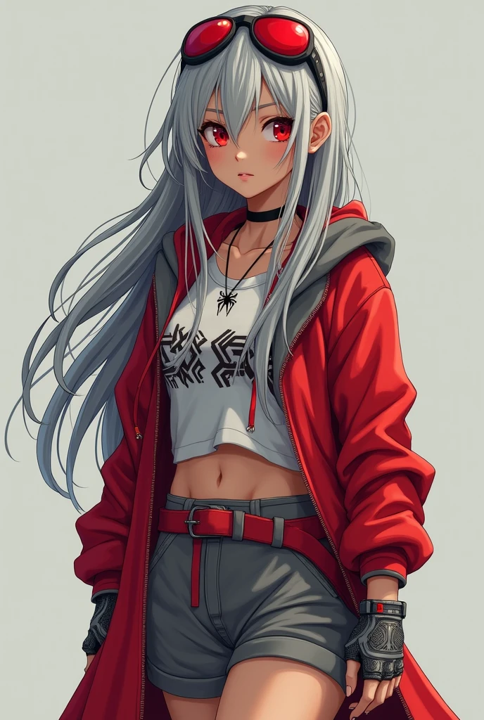 It creates a beautiful tanned girl with long thin hair in a tousled style of silver color with red at the tips, she also has bright red eyes, she also wears a long red and gray hoodie with a long red and gray hoodie with a spider web, too. He wears loose gray shorts and a red belt, he also wears white and red sports shoes, he also wears gray and red combat gloves, he also wears red aviator glasses on his head and a necklace with a pendant. silver crow