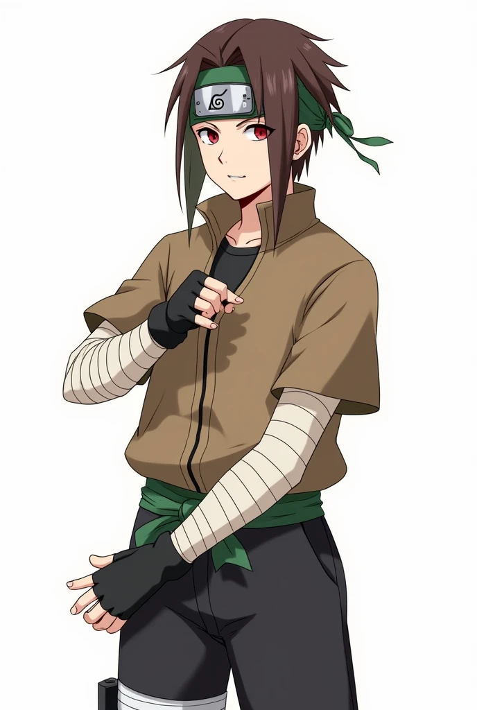 Naruto Style, Whole body, man, Short brown hair, red eyes, green bandana, Brown short sleeve jacket, bandages on the arms, black fingerless gloves, black pants, green ribbon on her waist, anime, 4k, White background