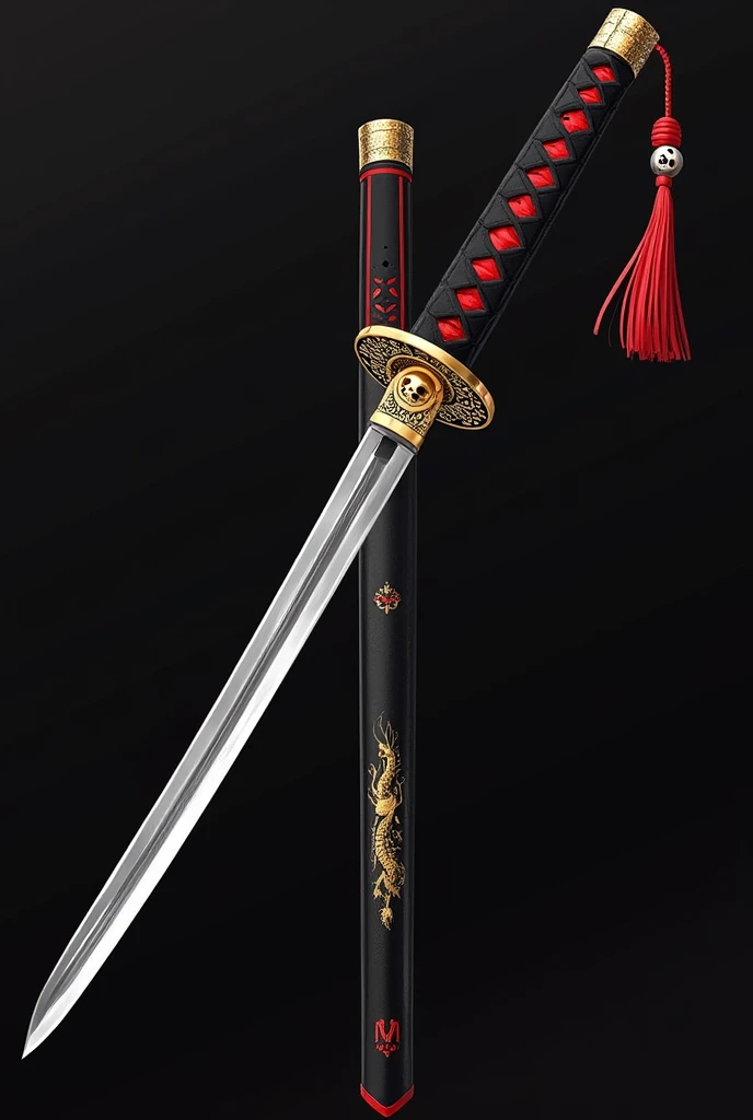 Katana Description (Anime Style):

The katana is 105 cm (41 inches) long from the tip of the blade to the end of the handle.

Handle (Tsuka): The handle is 30 cm (12 inches) long, wrapped in black leather with red diamond-shaped patterns. A red tassel is attached to a small golden cap with intricate engravings at the end of the handle. The collar (fuchi) and pommel (kashira) feature gold accents with intricate designs, adding elegance and power. The ergonomic design provides a comfortable grip.

Guard (Tsuba): The circular guard is made of blackened steel with a golden dragon coiled around the edge. The dragon's scales and claws are finely detailed, giving it a lifelike appearance. The tsuba is sturdy and perfectly balances the blade, with a slightly thicker section near the blade for enhanced protection.

Blade (Ha): The blade is 75 cm (29.5 inches) long, sleek, and slightly curved, typical of a traditional katana. The polished steel has a mirror finish with a prominent, faintly glowing hamon (temper line), showcasing superior craftsmanship. The blade tapers to a razor-sharp point.

Dial: In the tsuba, is a small circular dial with 12 inscribed numbers. The dial is set on 11, highlighted with a skull symbol.

Scabbard (Saya): The black lacquered scabbard has red accents and golden dragon designs running along its length, matching the dragon on the tsuba. The mouth of the saya (koiguchi) is reinforced with gold plating to ensure smooth drawing of the blade without damaging its edge.

Art Style: The katana should be depicted in a detailed anime style.