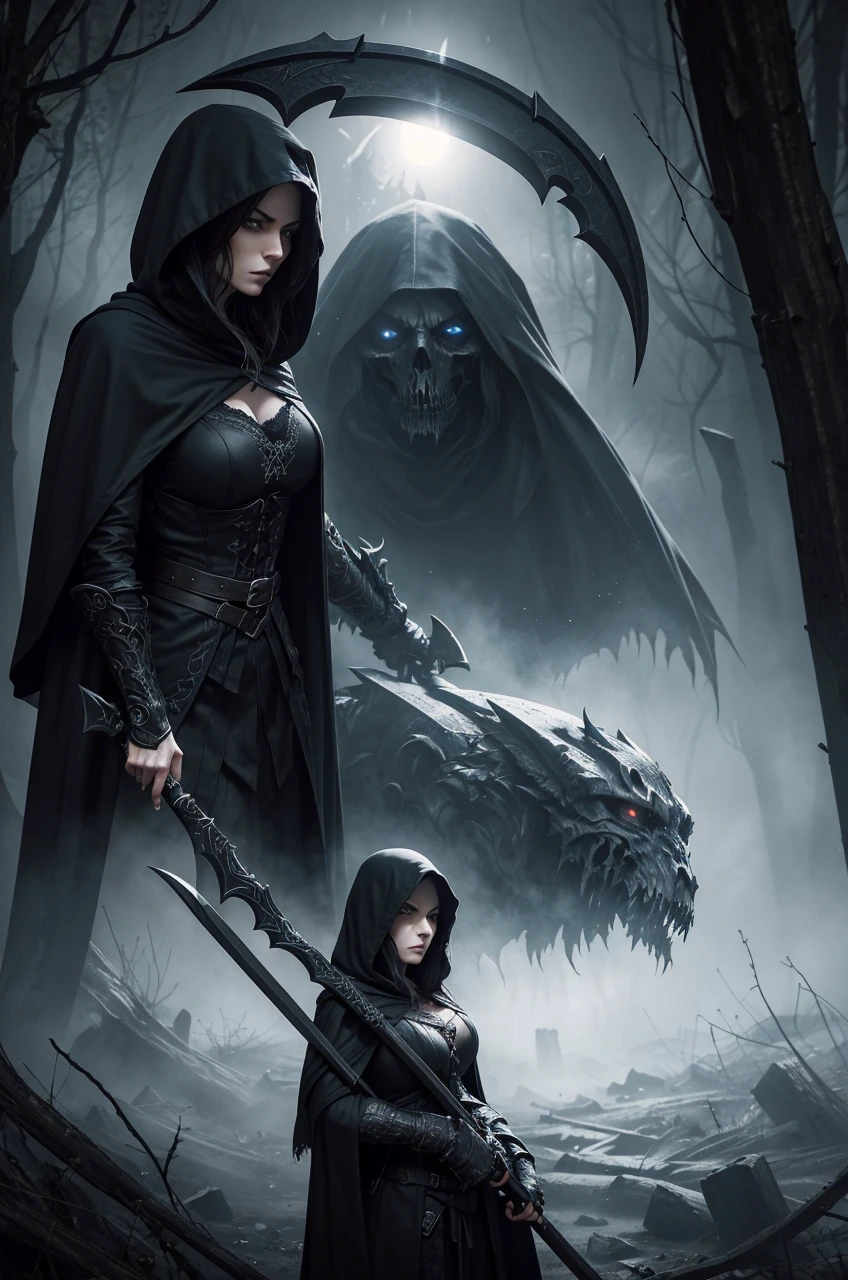 a female grimm reaper warrior, dark hooded robe, scythe weapon, gothic fantasy, intricate details, dark moody lighting, dramatic pose, intense glowing eyes, detailed facial features, long flowing hair, dark shadowy background, photorealistic, 8k, highly detailed, cinematic, dramatic lighting, dramatic atmosphere, striking pose