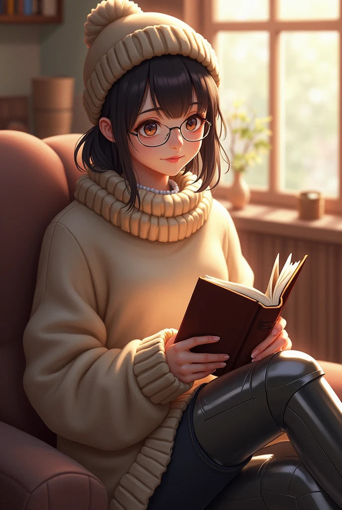A beautiful girl wearing woollen sweater,with short ponytail, wearing glasses, without earings, with one tin leg with a leather book in her hand, wearing a woollen cap at home