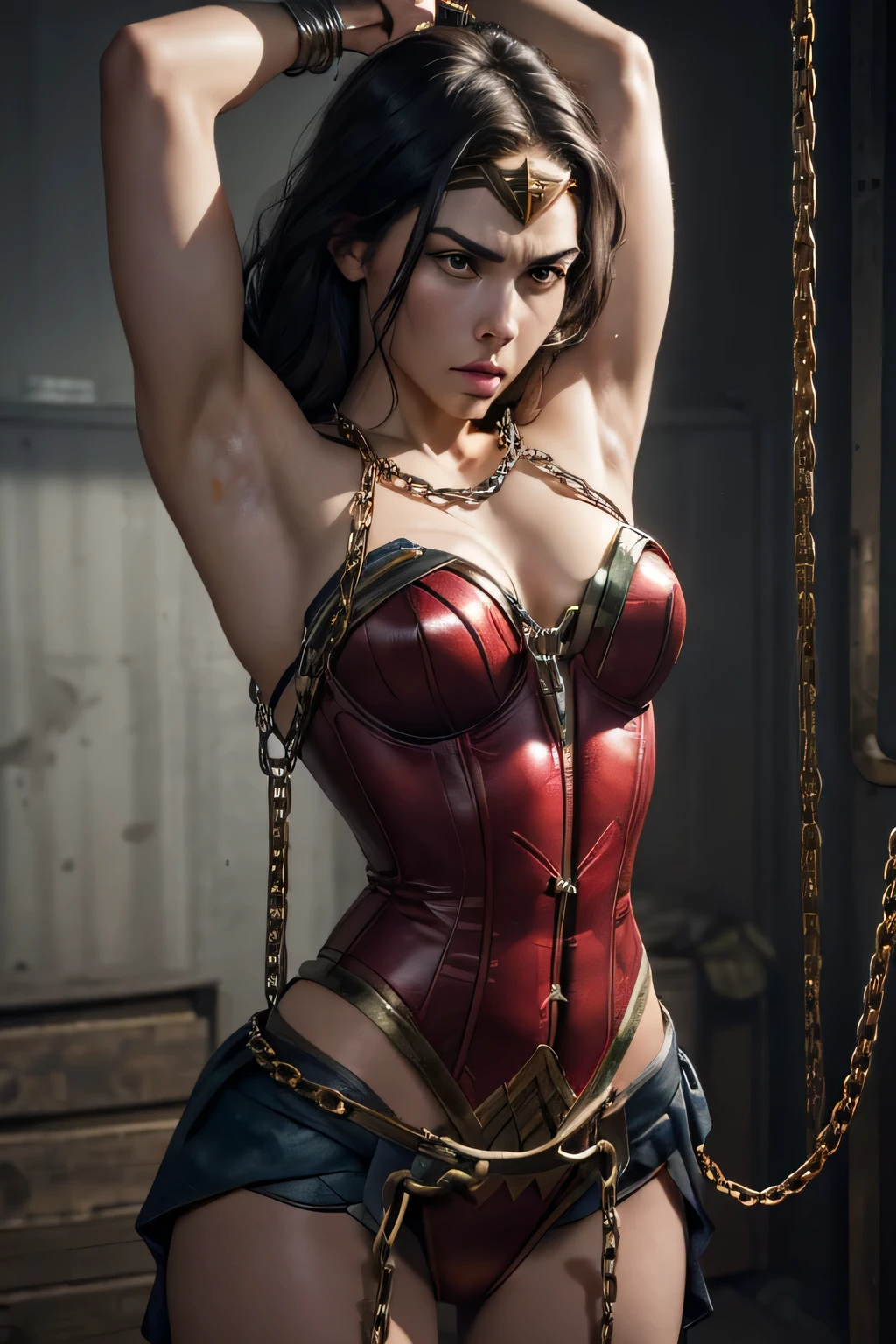 1girl, beautiful girl, wonder woman, wonder woman red corset, rise eyebrows, slender (((shackles)), ((shackles and arms down, chain leads, wrists tied)), bondage, chains wrapped tightly on arms, slavery, restraint, (basemend wall backgroun, dirty, dark, creepy), best quality, masterpiece, both arms up, comic style, angry, hanging, fondled by men, muscle armpit, struggling, unable to break free, wide shot, hair tucked behind head, small breast, small chest, glaring eyes