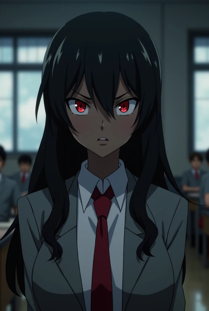 Screenshot from the anime My Hero Academia, detailed, 16 year old girl, dark skin tone, long black wavy hair with bangs, bright red eyes, slanted eyes, very, very long eyelashes. Dark brown hair, DARK BLACK skin, BLACK SKIN, tall and slender figure. Let him wear it with his uniform, gray jacket, red tie, he is standing inside the classroom. He has a serious and distrustful appearance with an aura of evil, HE IS TALKING