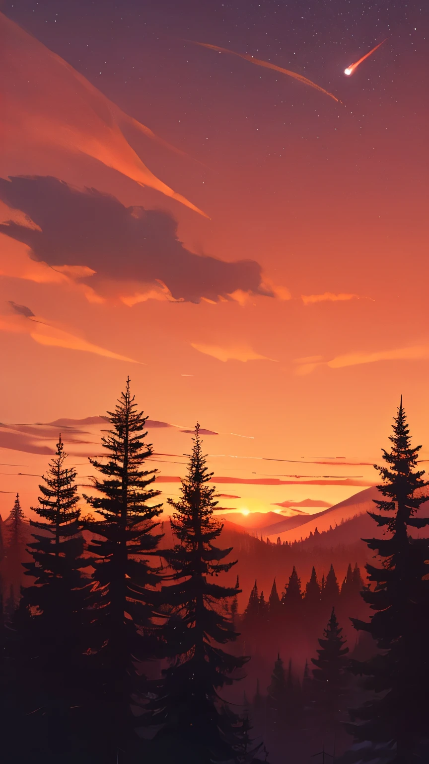 there is a picture of a sky with a few stars in it, dark orange night sky, ☁🌪🌙👩🏾, orange / pink sky, orange clouds, orange skies, aesthetic clouds in the sky, forest and moon, 🌲🌌, orange lit sky, red clouds, sunset sky, orange and red sky, the sky is a faint misty red hue)  