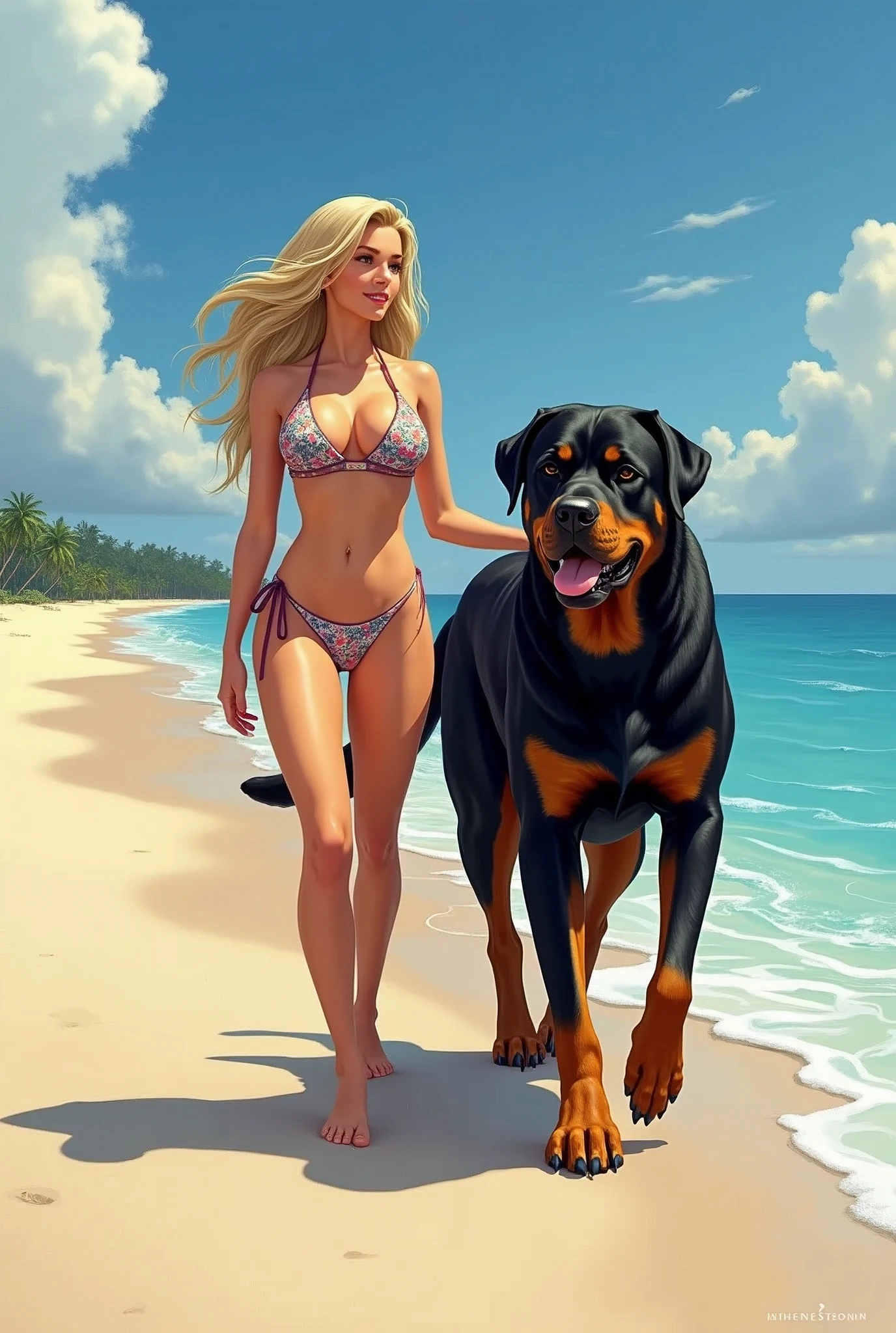 NSFW (nude) (Nami ((human)) large breasts, strip of pubic hair), rear view, doggy style fucking male furry Rottweiler with knotted penis, full body, on a deserted beach