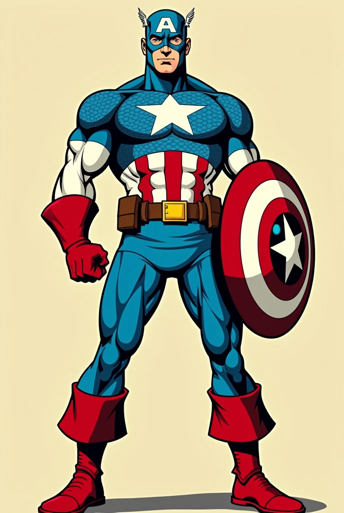 Cartoon comic Classic Captain America with light blue suit with chain mill on the chest And white star and a buckled belt And red white striped stomach and red boots and gloves and a rubber mask with A