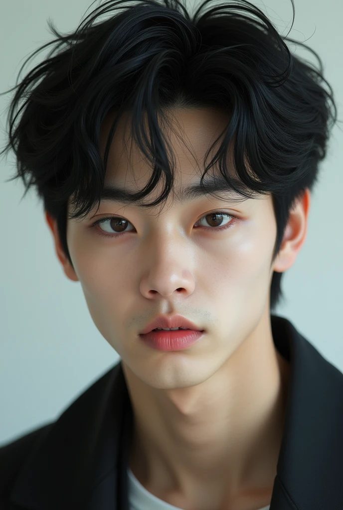 (photorealism:2.2), Handsome boy, young man of about 19 years old, Korean, soft features and slim face, with dark green slanted eyes, profiled nose, marked jaw, White skin, black hair with messy haircut and somewhat long