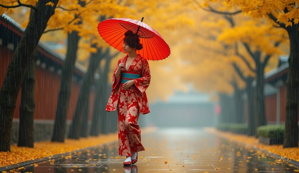 beautiful japanese woman with big breasts in revealing kimono, autumn, autumn yellow leaves falling, strong wind, heavy rain, walking slowly, beautiful shoes, umbrella in hands