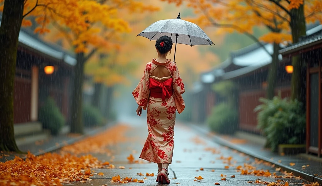 beautiful japanese woman with big breasts in revealing kimono, autumn, autumn yellow leaves falling, strong wind, heavy rain, walking slowly, beautiful shoes, umbrella in hands