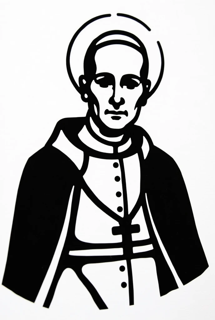 Convert the image of Giuseppe Melchiorre Sarto, known as Saint Pius X, into a stencil. Simplify details while keeping key features like his face, papal zucchetto, and garment outlines. Use strong black and white contrasts to define shapes. Simplify the background for a clean, minimalistic design suitable for a stencil