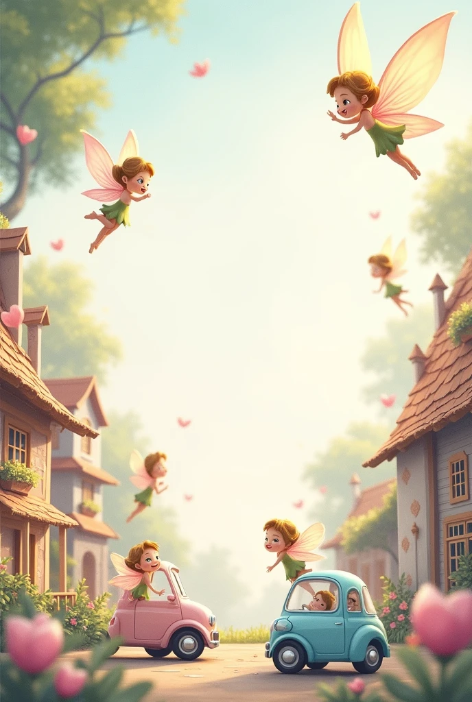cute invitation with cars and fairies pastel colors only and small cars and fairies cars all around it’s like a fairy town