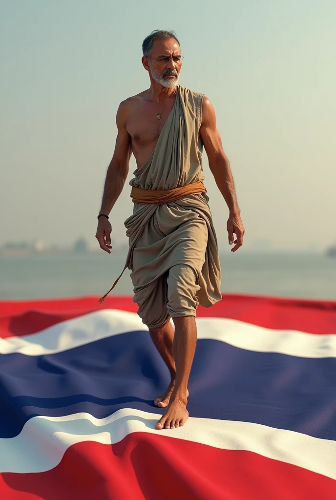 Cambodian man smiling while stepping on thailand flag