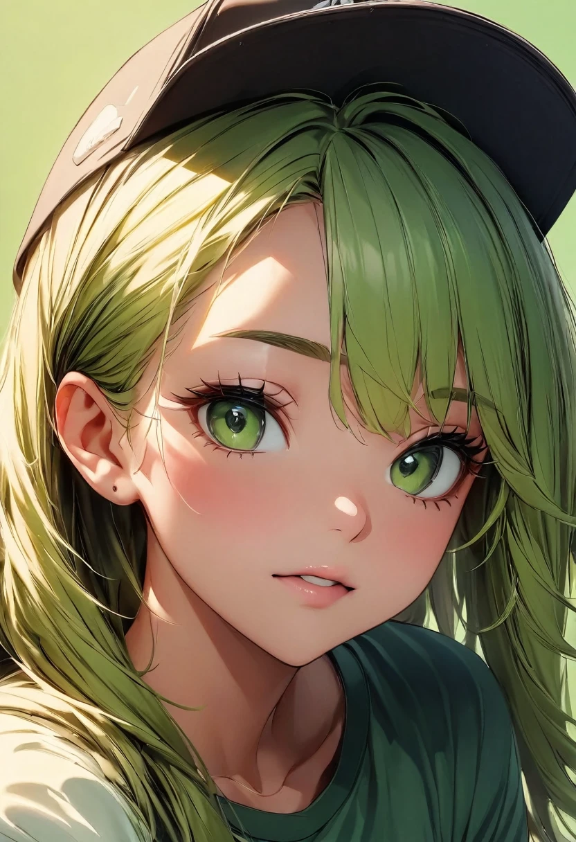 (highest quality:1.2, Very detailed, up to date, Vibrant, Ultra-high resolution, High Contrast, masterpiece:1.2, highest quality, Best aesthetics), Portraiture、girl、((25 years old:1.5)), (slim:1), 25-years-old, (black trucker cap:1.3), green t-shirt, jeans, Bright colors、Beautiful fine details、Beautiful lip detail、long hair, (low ponytail:1), white and yellow green ((streaked hair:1.6)), highlights hair: 1.5, (small breast,:1) (tan skin:1.1), ((Plain green background:1.6)), lineart, ((two toned:1.7)), (upper body:1.5), clean line drawings, look at viewer