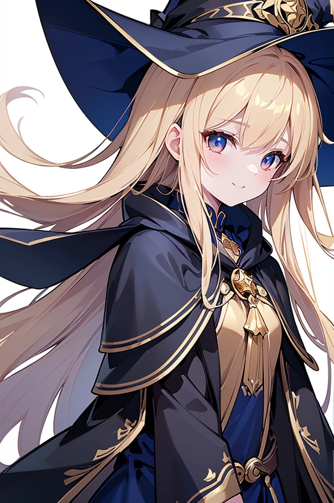 (Highest quality) (4K) (8k) (High resolution) (masterpiece:1.2) (Super detailed) One girl ((witch)) Back alley-like background ((front)) Standing posture ((Upper Body)) ((Face close-up)) laughing Golden Hair ((Black costume)) ((Blue cloak)) ((Close ~ eyes)) ((Golden decoration)) ((White Background))