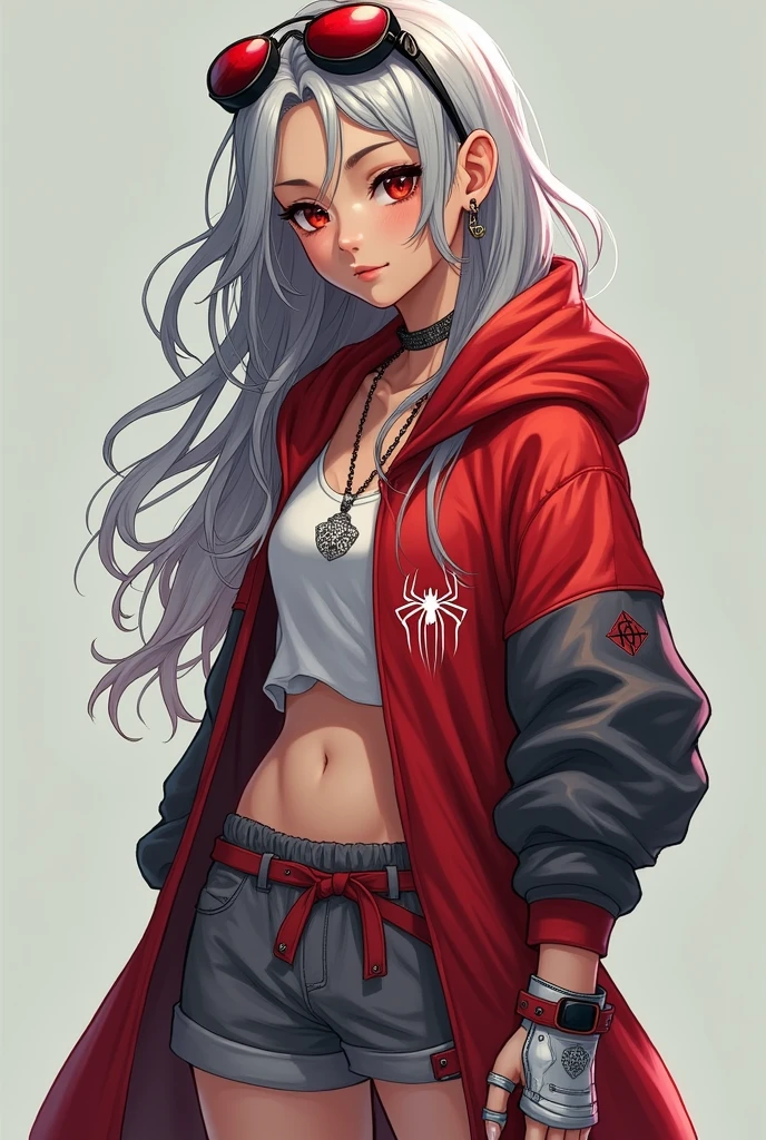 It creates a beautiful tanned girl with long thin hair in a tousled style of silver color with red at the tips, she also has bright red eyes, she also wears a long red and gray hoodie with a long red and gray hoodie with a spider web, too. He wears loose gray shorts and a red belt, he also wears white and red sports shoes, he also wears gray and red combat gloves, he also wears red aviator glasses on his head and a necklace with a pendant. silver crow