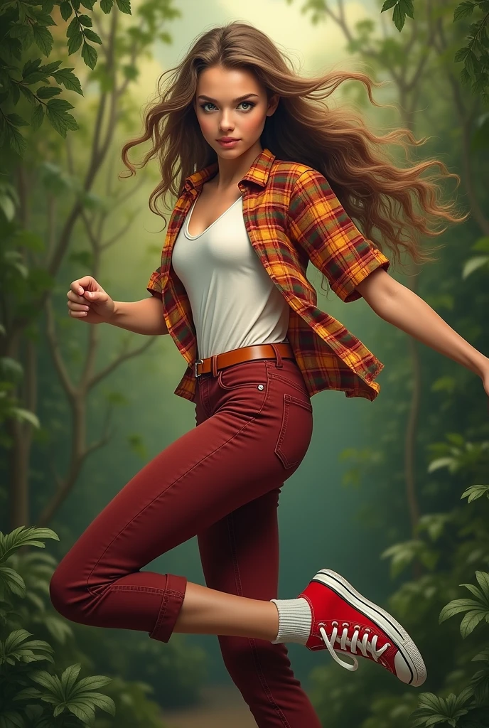 Beautiful realistic girl, brown hair, green eyes, a short-sleeve plaid button-up shirt in shades of orange, red, and yellow, white undershirt, dark red jeans, a light brown or tan belt with a simple buckle, jungle background, vines, full body, backside, red high top converse shoes, one leg kicking high into the air, white socks. 