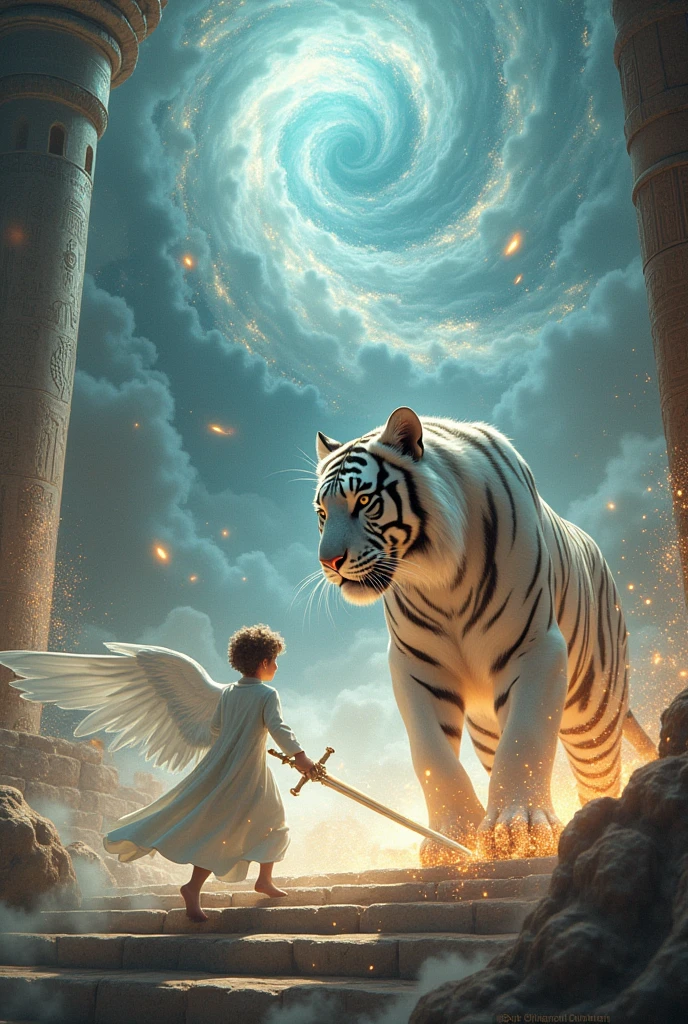 Battle arena with an angel boy fighting a white tiger