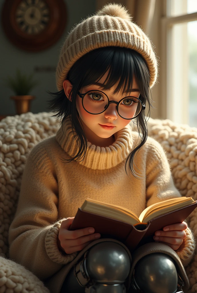 A beautiful girl wearing woollen sweater,with short ponytail, wearing glasses, without earings, with one tin leg with a leather book in her hand, wearing a woollen cap at home