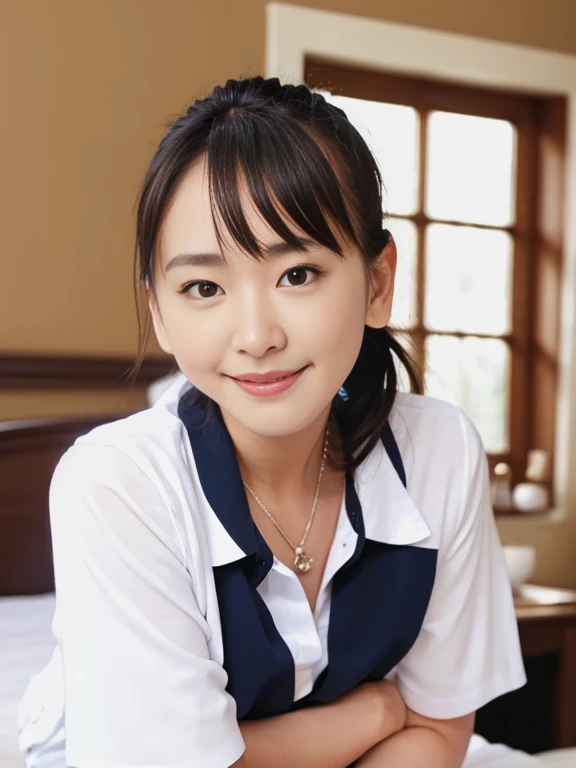(Masterpiece, Best quality:1.4), (Ultra realistic, Photo-realistic:1.2), Full body, (kneeling:1.2), Natural light, 25 years old actress, Japanese women, (arms behind back: 1.2), Neat and clean, (White sexy tennis uniform, White short-sleeve polo shirt with darknavy line collar:1.2), (unbutton:1.3), (White tennis skirt:1.2), (Short wavy ponytail:1.2), Short wavy hair, Light brown hair color, (Beautiful Face), Oval face, clear, (Beautiful eyes, Kind eyes), (Clear skin), Small face, (Small mouth, Beautiful mouth), Natural makeup, Approachable, Luxury hotel Suite room, On bed, (nsfw:1.2), Seductive smile, (Seductive pose:1.2), (Beautiful thighs:1.1), Bedroom eyes,