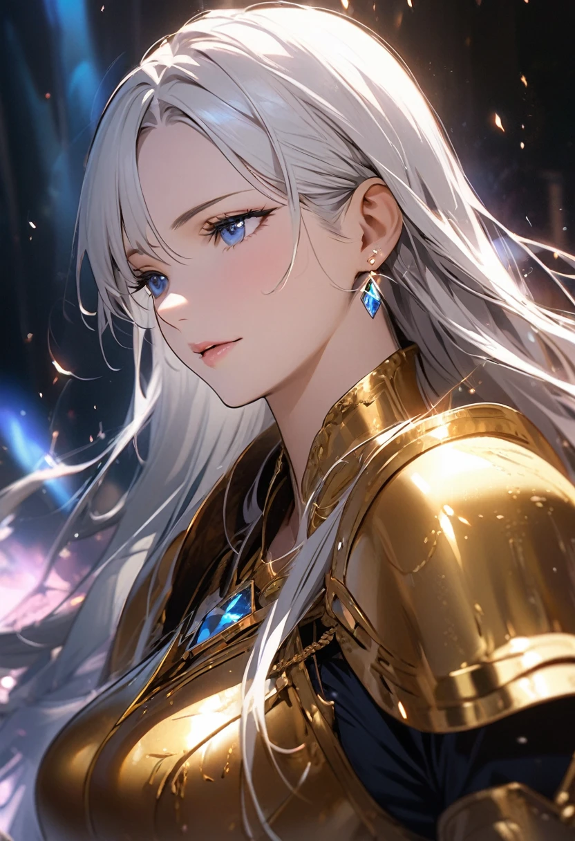 girl, blue eyes, long hair, white hair, mature, diamond earings, beautiful, holo, light aura, , golden armor, macro picture, half eyes