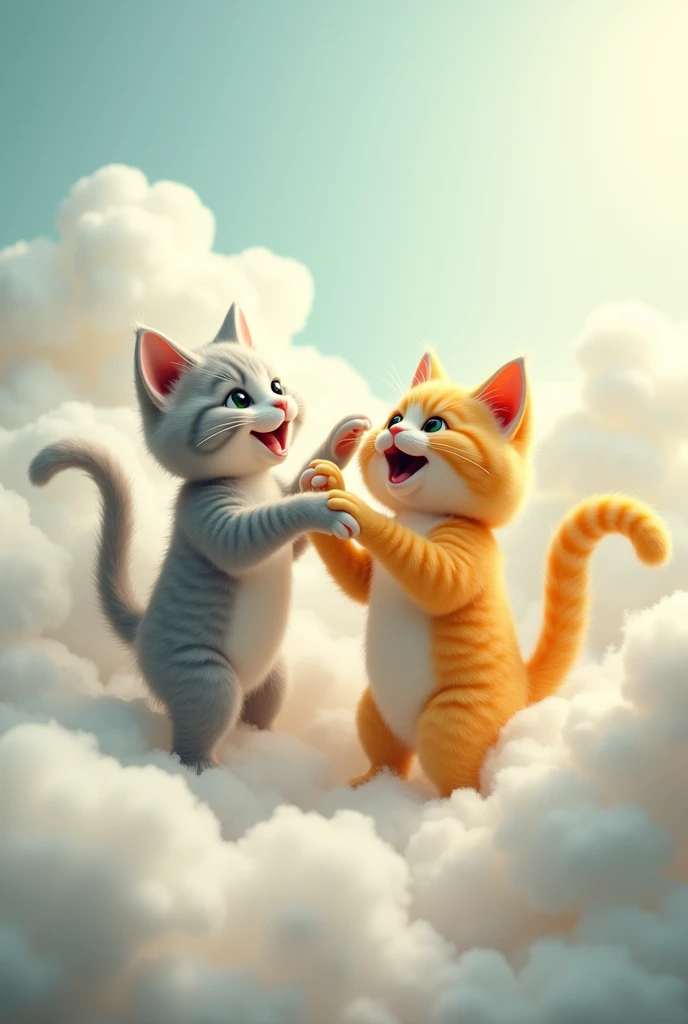 Gray cat playing with yellow cat on clouds