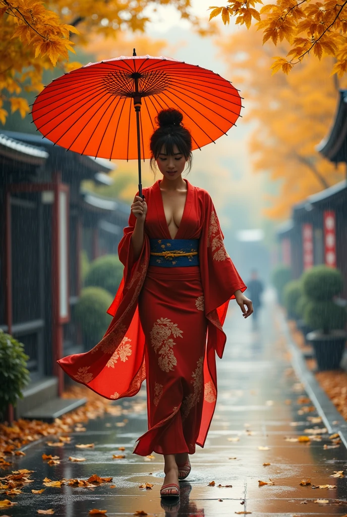 beautiful japanese woman with big breasts in revealing kimono, autumn, autumn yellow leaves falling, strong wind, heavy rain, walking slowly, beautiful shoes, umbrella in hands