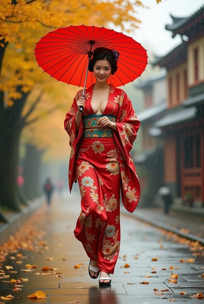 beautiful japanese woman with big breasts in revealing kimono, autumn, autumn yellow leaves falling, strong wind, heavy rain, walking slowly, beautiful shoes, umbrella in hands