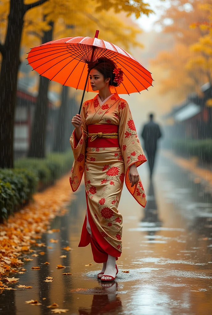 beautiful japanese woman with big breasts in revealing kimono, autumn, autumn yellow leaves falling, strong wind, heavy rain, walking slowly, beautiful shoes, umbrella in hands