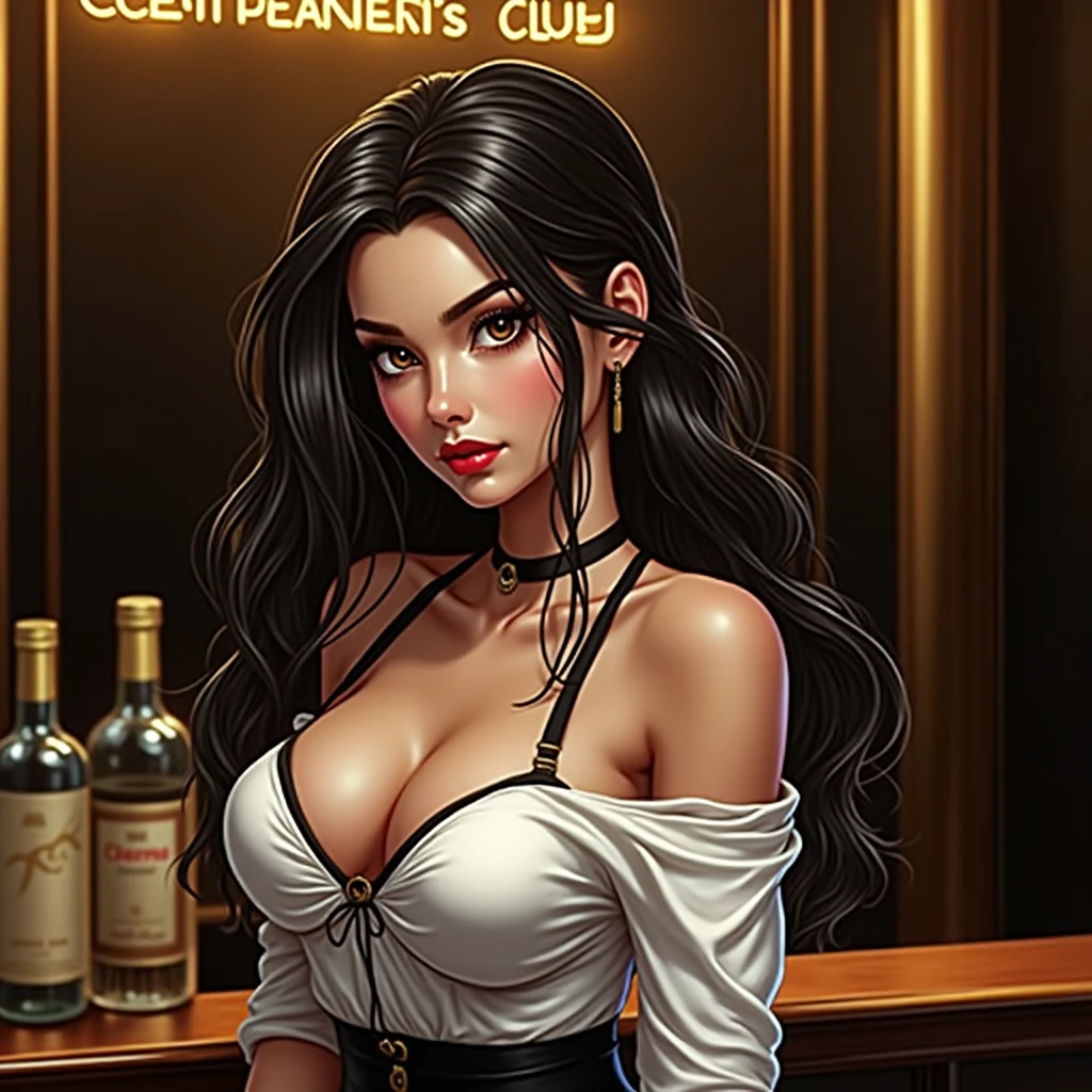 1 female bartender at an elegant gentleman's club, beautiful detailed eyes, beautiful detailed lips, extremely detailed face and hair, bartender uniform, fancy bar counter, dimly lit lounge, neon sign, moody lighting, cinematic composition, photorealistic, hyper detailed, (best quality,8k,highres,masterpiece:1.2),ultra-detailed,(realistic,photorealistic,photo-realistic:1.37),cinematic lighting,dramatic shadows,warm color tones,chiaroscuro