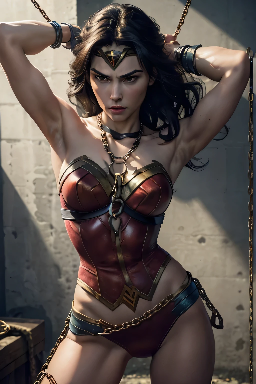 1girl, beautiful girl, wonder woman, wonder woman red corset, rise eyebrows, slender (((shackles)), ((shackles and arms down, chain leads, wrists tied)), bondage, chains wrapped tightly on arms, slavery, restraint, (basemend wall backgroun, dirty, dark, creepy), best quality, masterpiece, both arms up, comic style, angry, hanging, fondled by men, muscle armpit, struggling, unable to break free, wide shot, hair tucked behind head, small breast, small chest, glaring eyes