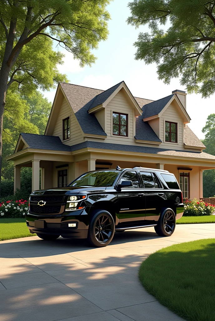 Modest beautiful home in collierville Tennessee with a black 2016 Tahoe truck with black rims. *HYPER REALISTIC*
