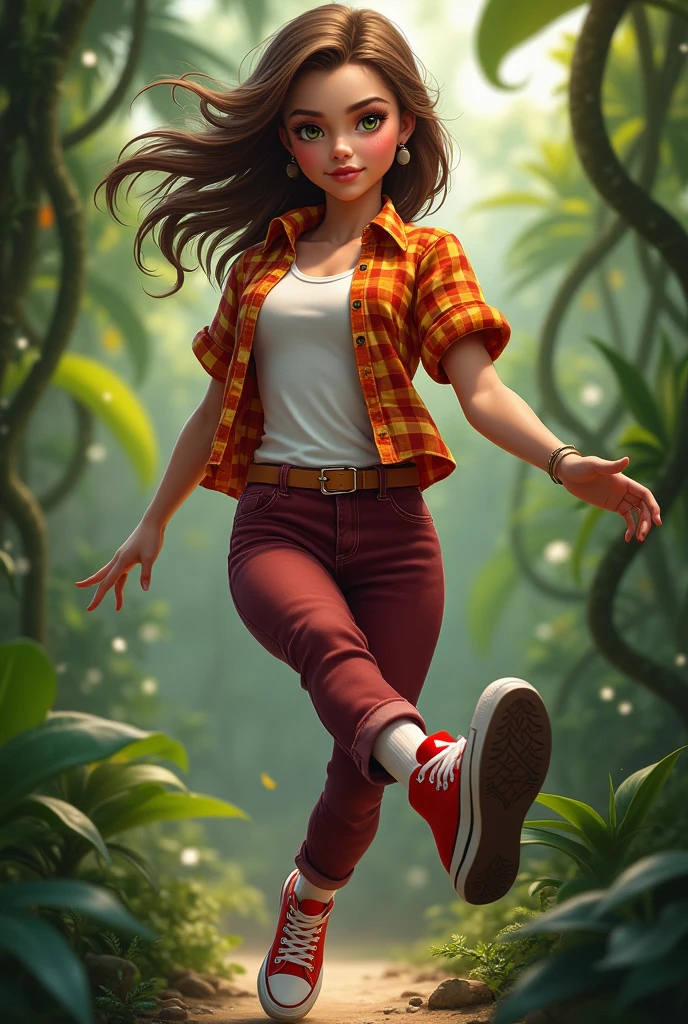 Beautiful realistic girl, brown hair, green eyes, a short-sleeve plaid button-up shirt in shades of orange, red, and yellow, white undershirt, dark red jeans, a light brown or tan belt with a simple buckle, jungle background, vines, full body, backside, red high top converse shoes, one leg kicking high into the air, white socks. 