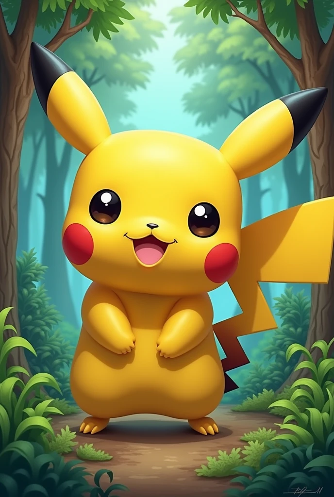 Create an image of a pikachu funko pop tcg card in cartoon style with a forest in funko