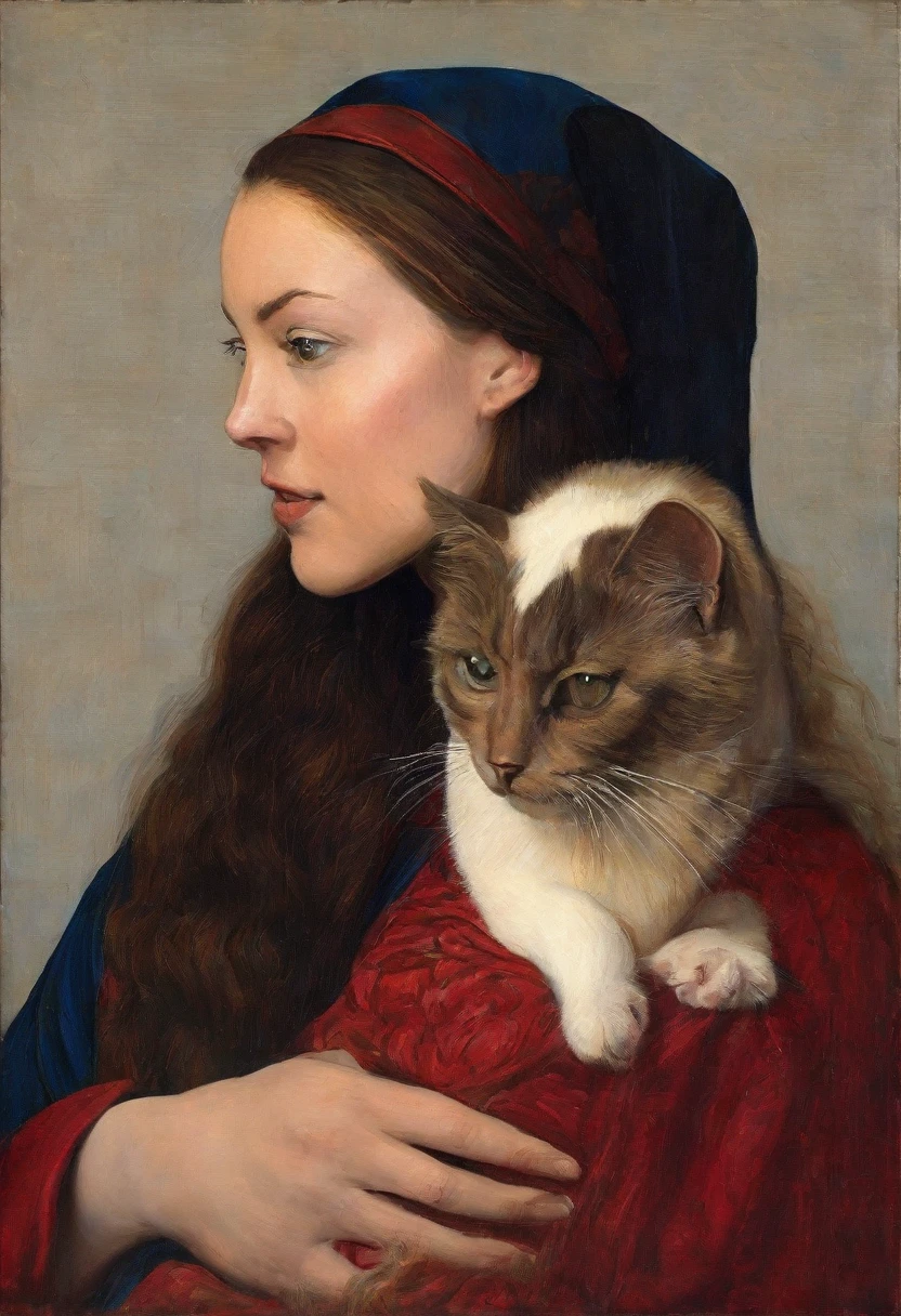 painting of a Woman with a cat in her arms, realistic renaissance portrait, in high renaissance style, in renaissance style, Woman and cat, renaissance portrait, in renaissance style, Woman / cat hybrid, cat with pearl earring, inspired by Jan van Eyck, obra-prima anthropo retrato, cat portrait, inspired by Hubert van Eyck, medieval portrait