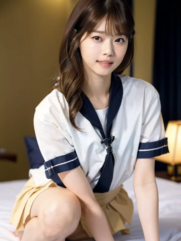 (Masterpiece, Best quality: 1.4), (Ultra realistic, Photo-realistic: 1.2), Full body, (kneeling: 1.2), Natural light, 25 years old actress, Japanese women, (arms behind back: 1.1), Neat and clean, (representative sailor suit:1.3), School type suit, (White short sleeve shirt, Darknavy collar:1.1), (unbutton:1.2), (Darknavy pleated skirt:1.3), (Darknavy necktie), Short ponytail, Short wavy hair, Light brown hair color, (Beautiful Face), Oval face, clear, (Beautiful eyes, Kind eyes), (Clear skin), Small face, (Small mouth, Beautiful mouth), Natural makeup, Approachable, Luxury hotel Suite room, On bed, (nsfw:1.3), Seductive smile, (Seductive pose:1.2), (Beautiful thighs:1.1), Bedroom eyes,