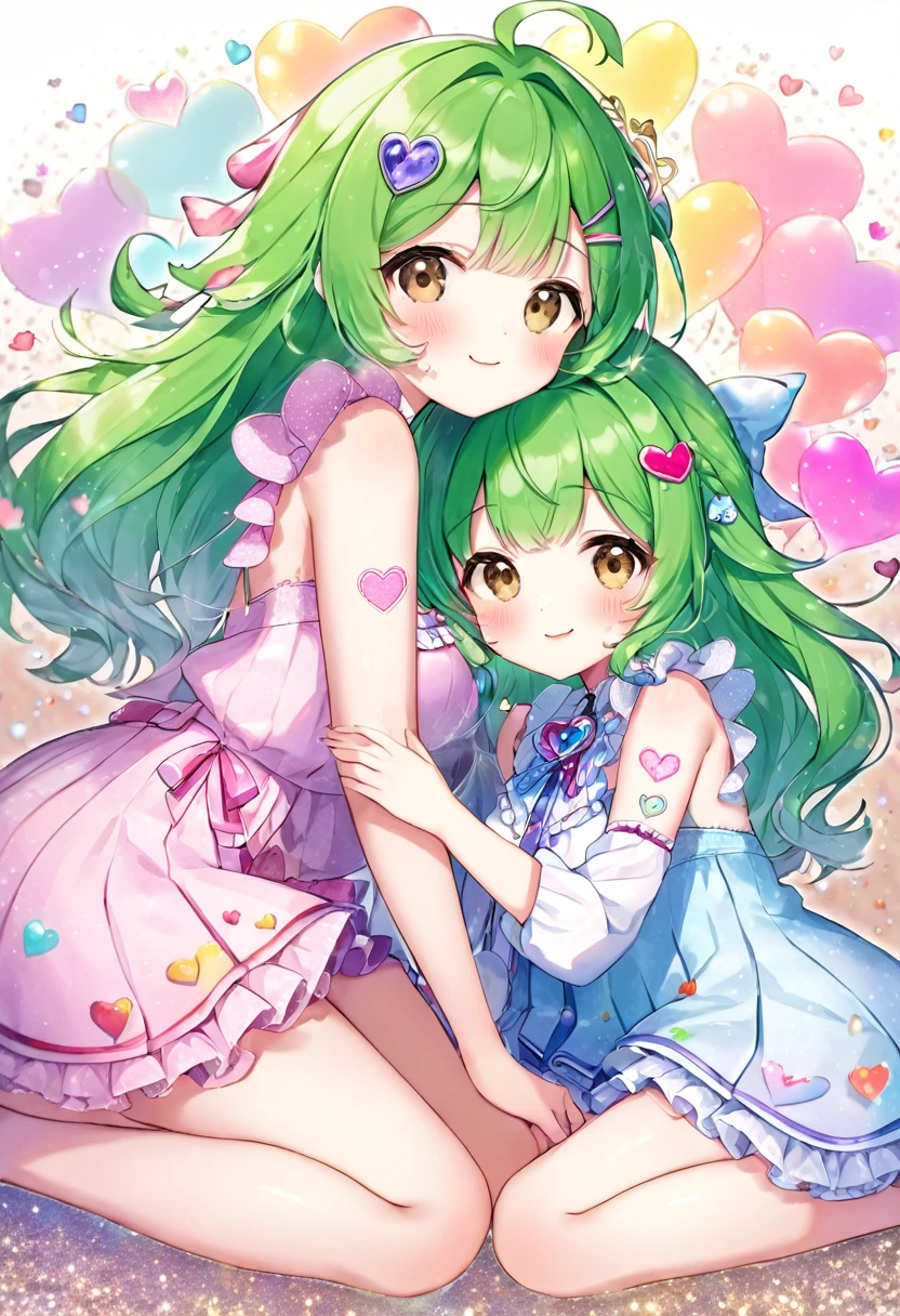 cute twin 18 year old girls, green medium hair, amorous and lewd face, big brown eyes, superlative body proportion, twins fashion, wearing white baggy frilly clothes, covered in tattoos, they sit together, snuggled up to each other and rub their faces together happily, background pastel colored dots and hearts, shading effects, gradation magic effects, foggy filter effects, glitter effects, (ultra detailed, absolutely resolution, best quality:1.3), 2.5D, delicate and dynamic, artistic photography, hyper realistic, graphic CG