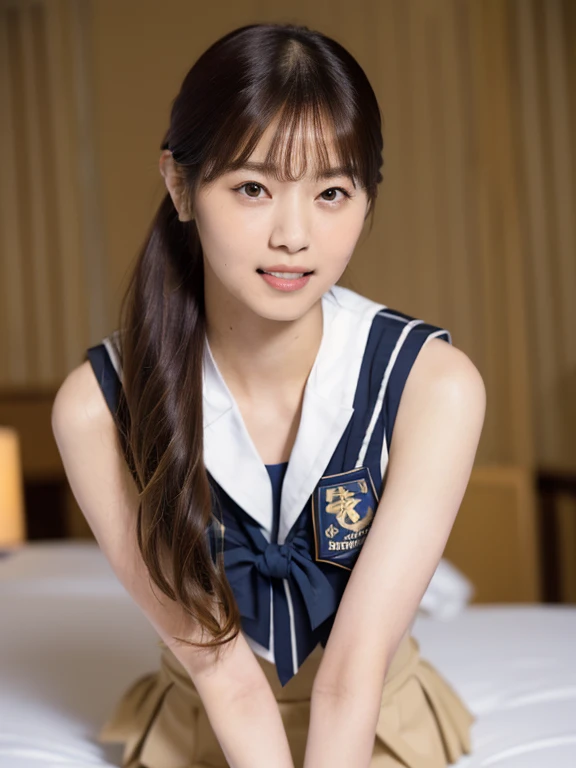 (Masterpiece, Best quality: 1.4), (Ultra realistic, Photo-realistic: 1.2), Full body, (kneeling: 1.2), Natural light, 25 years old actress, Japanese women, (arms behind back: 1.1), Neat and clean, (representative sailor suit:1.3), School type suit, (White short sleeve shirt, Darknavy collar:1.1), (unbutton:1.2), (Darknavy pleated skirt:1.3), (Darknavy necktie), Short ponytail, Short wavy hair, Light brown hair color, (Beautiful Face), Oval face, clear, (Beautiful eyes, Kind eyes), (Clear skin), Small face, (Small mouth, Beautiful mouth), Natural makeup, Approachable, Luxury hotel Suite room, On bed, (nsfw:1.3), Seductive smile, (Seductive pose:1.2), (Beautiful thighs:1.1), Bedroom eyes,
