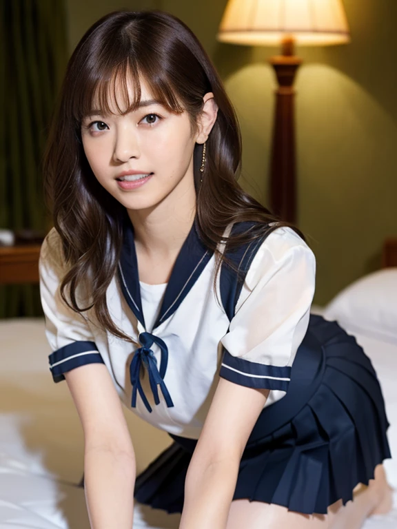 (Masterpiece, Best quality: 1.4), (Ultra realistic, Photo-realistic: 1.2), Full body, (kneeling: 1.2), Natural light, 25 years old actress, Japanese women, (arms behind back: 1.1), Neat and clean, (representative sailor suit:1.3), School type suit, (White short sleeve shirt, Darknavy collar:1.1), (unbutton:1.2), (Darknavy pleated skirt:1.3), (Darknavy necktie), Short ponytail, Short wavy hair, Light brown hair color, (Beautiful Face), Oval face, clear, (Beautiful eyes, Kind eyes), (Clear skin), Small face, (Small mouth, Beautiful mouth), Natural makeup, Approachable, Luxury hotel Suite room, On bed, (nsfw:1.3), Seductive smile, (Seductive pose:1.2), (Beautiful thighs:1.1), Bedroom eyes,