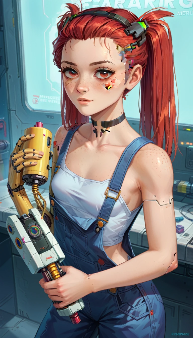 score_9, score_8_up, score_7_up, masterpiece, absurdres, source_anime, cyberpunk world, (in a cyberpunk garage with neon:1.4), ultra detailled background, 1girl, flat body, perfect eyes, expressive eyes, (red hair:1.2), two long ponytails, large red eyes, blushing, (freckles:1.4), (repairing a complex futuristic machine:1.4), futuristic mechanic overalls, tank top under overalls, (cybernetic arm and hand:1.4), choker, (holding a futuristic drilling machine:1.8)