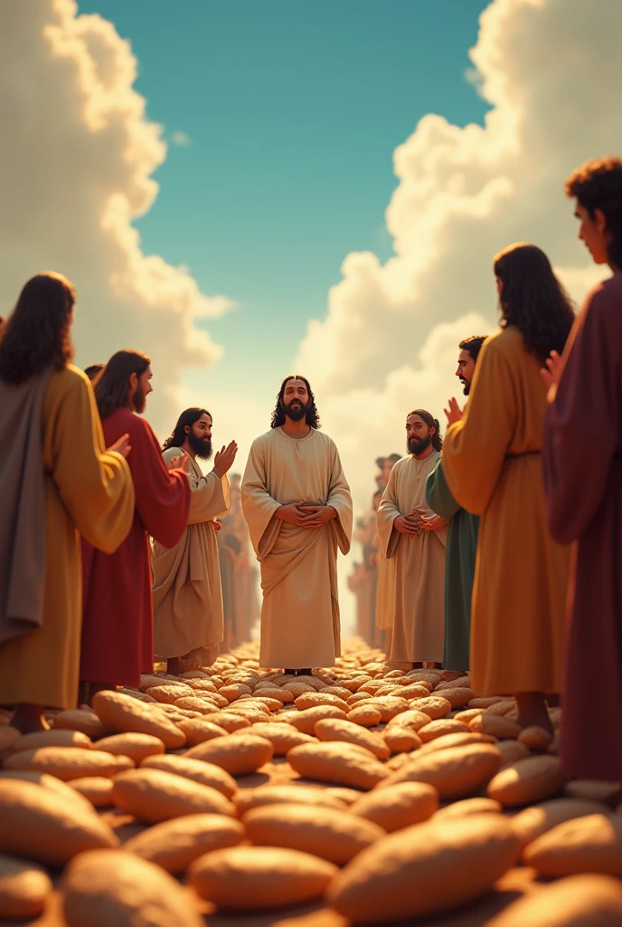 Create a Pixar-style recreation of the moment when Jesus multiplies the loaves and fishes