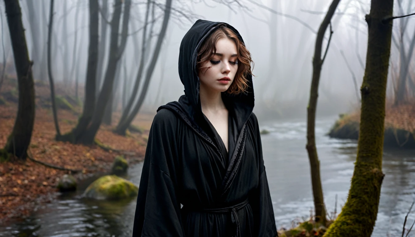 ((masterpiece, Fantasy,One eye closed,Black paint on eyelids and cheeks, Girl)), Brown wavy short hair,Pale skin,  Black hooded robe,Heavy Robe,assassin, gray scarf, forest, Small River, fog,Small mouth