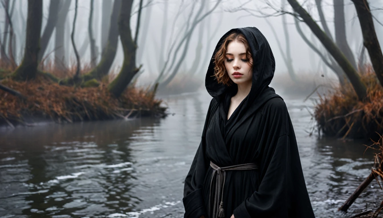 ((masterpiece, Fantasy,One eye closed,Black paint on eyelids and cheeks, Girl)), Brown wavy short hair,Pale skin, Black hooded robe,Heavy Robe,assassin, gray scarf, forest, Small River, fog,Small mouth