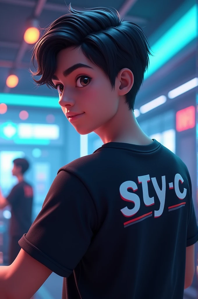 3D cool esport game guy wearing a black shirt with Sty-c written on the back