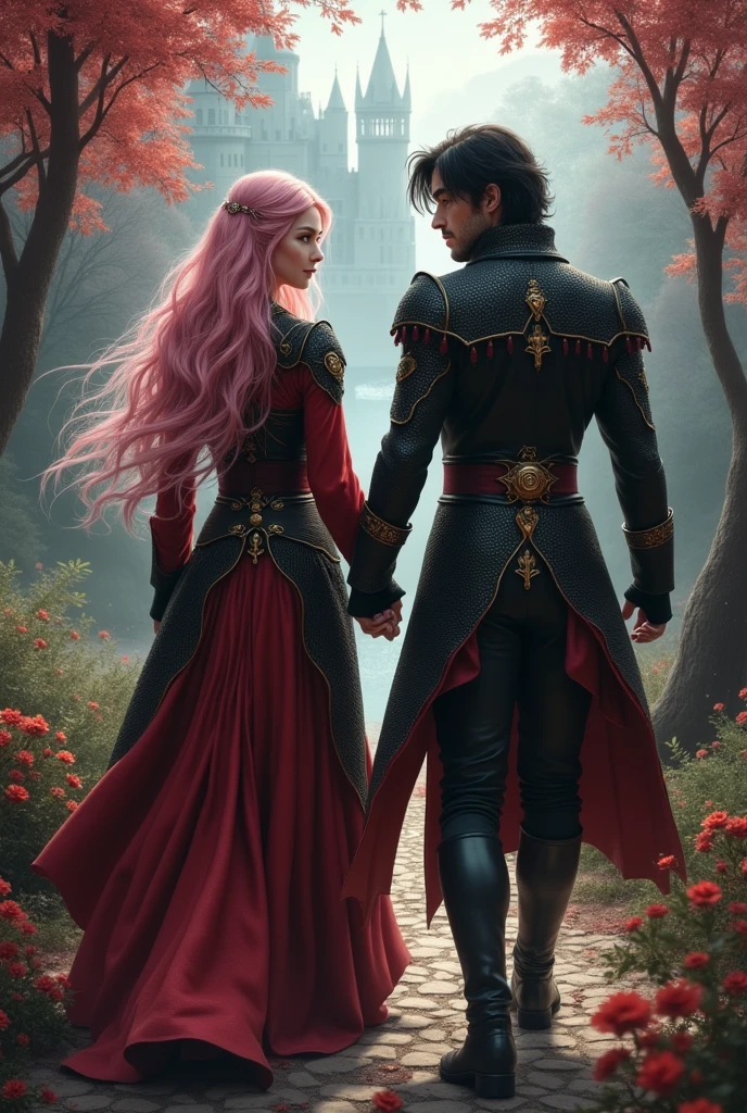 beautiful woman with long pink hair and hazel eyes and handsome man with neck length messy black hair, walking while holding hands, both clad in medieval black and red leather with dragon scale pattern. medieval setting