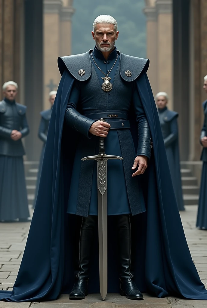 Velaryon, Targaryen, Armor, Man with straight white hair, Daemon Targaryen style, Velaryon version. Imposing dark blue robes and sword in hand with the tip resting on the ground, man. Short hair, r