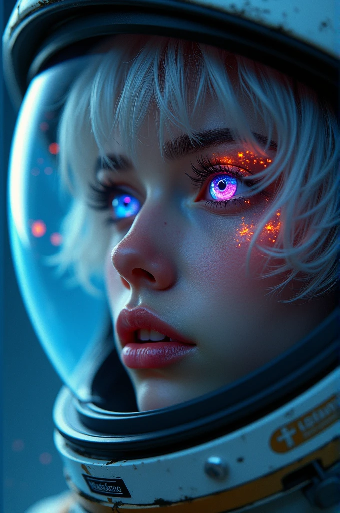 (Close-up of a better masterpiece:1.5)0.9], (Space and astronauts:1.2) (Messy silver hair:1.1) (Heterochromia xanthochromia and blue eyes:1.2) (Space Helmet:1.0) (Colored stars in the eyes:1.0) (A radiant glow:1.1) (thick lips:0.9)