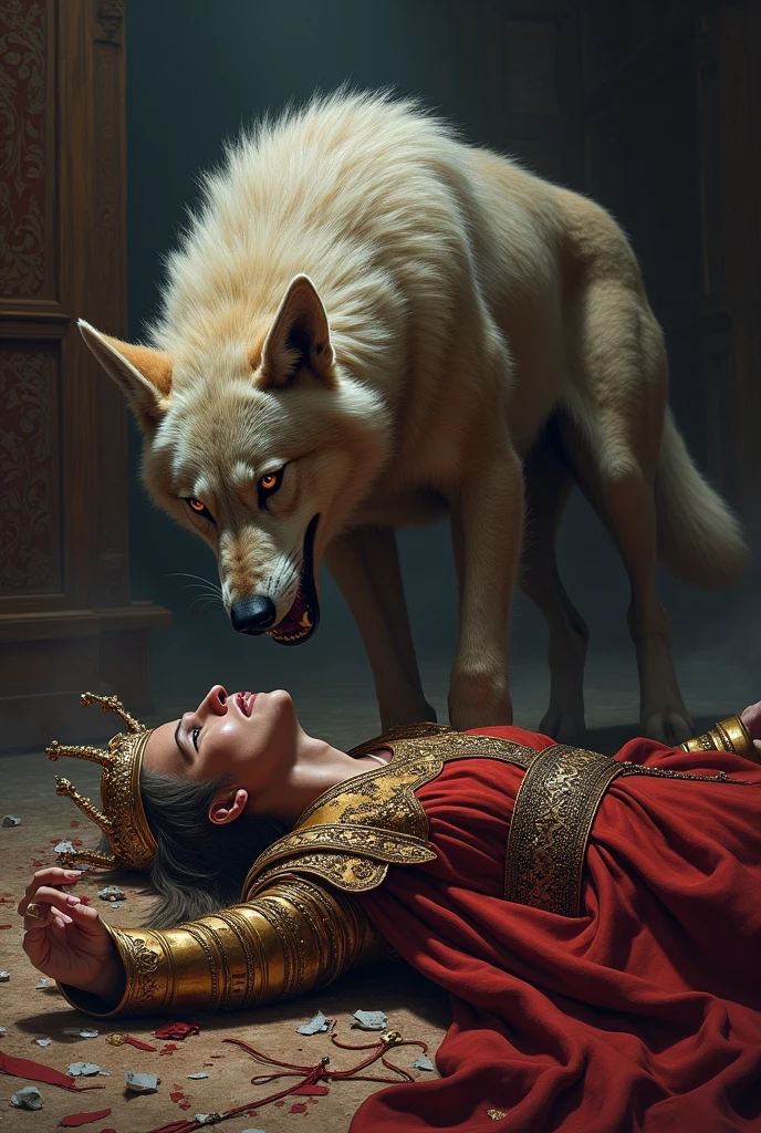 I want to create a scene of a wolf biting a king