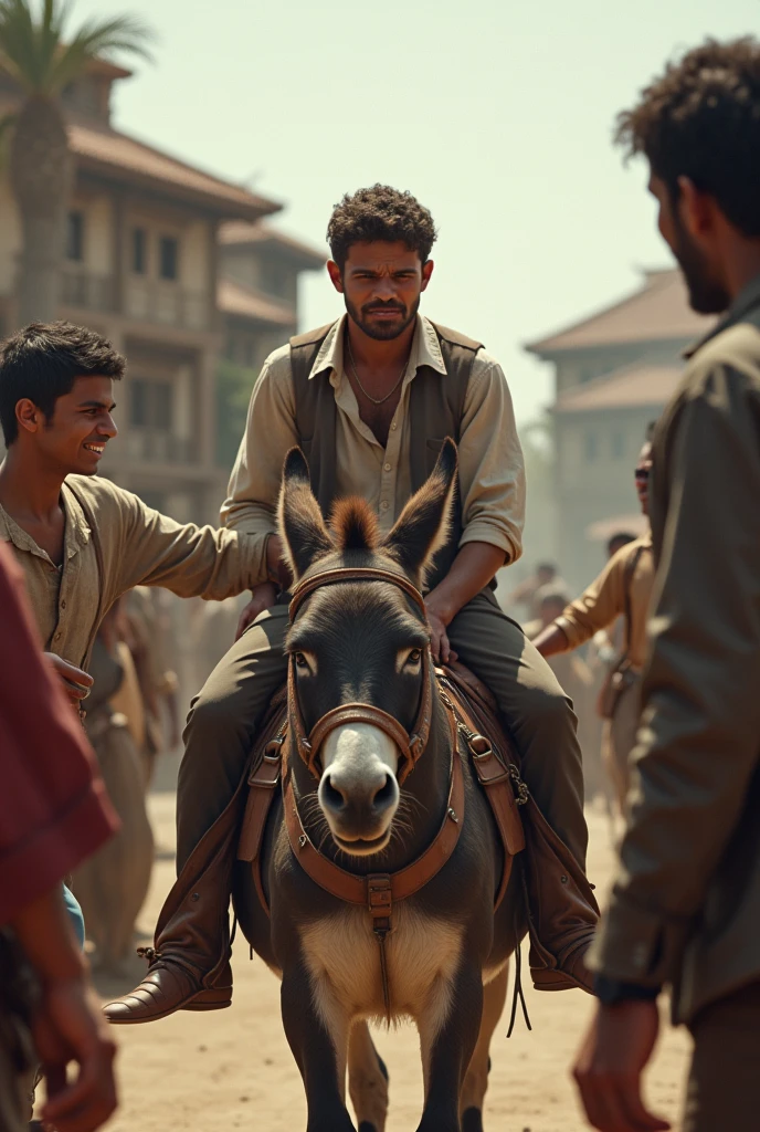 A 18  year boy and his father  both riding on  a donkey and 3 people angree at them in olden times