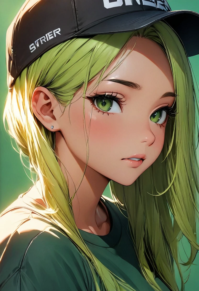 (highest quality:1.2, Very detailed, up to date, Vibrant, Ultra-high resolution, High Contrast, masterpiece:1.2, highest quality, Best aesthetics), Portraiture、girl、((25 years old:1.5)), (slim:1), 25-years-old, (black trucker cap:1.3), green t-shirt, jeans, Bright colors、Beautiful fine details、Beautiful lip detail、long hair, (low ponytail:1), white and yellow green ((streaked hair:1.6)), highlights hair: 1.5, (small breast,:1) (tan skin:1.1), ((Plain green background:1.6)), lineart, ((two toned:1.7)), ((upper body:1.5)), clean line drawings, look at viewer

