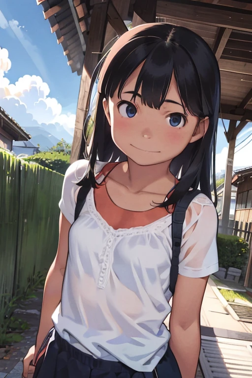 One Girl、12-year-old girl、Healthy girl、Strong sunlight、Summer sun、cumulonimbus、Blue sky、Japanese countryside、Rural Station、Old station building、誰もいない駅でOne Girlが電車を待っている、Standing on Home、Looking up at the sky、Looking into the distance、Smiling、Slender, small breast, Cleavage, Shoulder Bare、T-shirt and short andals、Straw hat、Long hair fluttering in the wind、Super cute、Clear skin、Sparkling Eyes